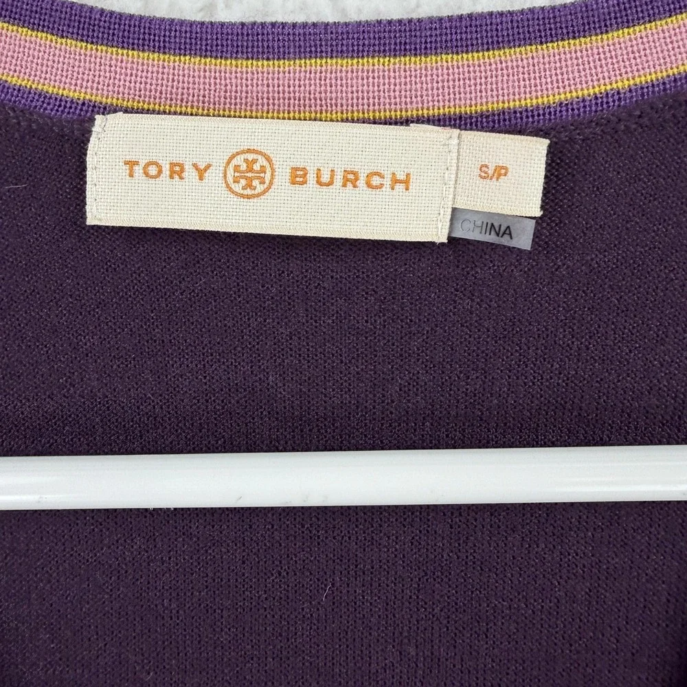 Tory Burch Sweater Cardigan Womens Small Purple 100% Merino Wool V Neck‎ Logo